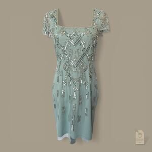 Adrianna Papell Seafoam Art Deco Beaded Cocktail Dress - Size 8